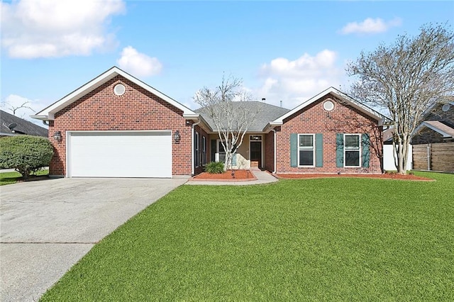 ranch-style home with fence, driveway, an attached garage, a front lawn, and brick siding