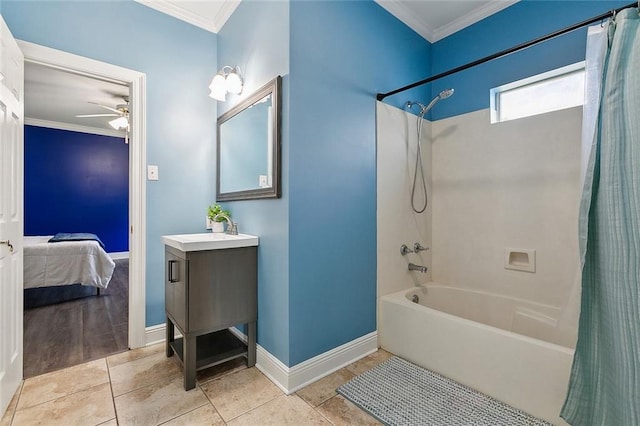 full bath featuring tile patterned floors, vanity, shower / tub combo with curtain, and ornamental molding