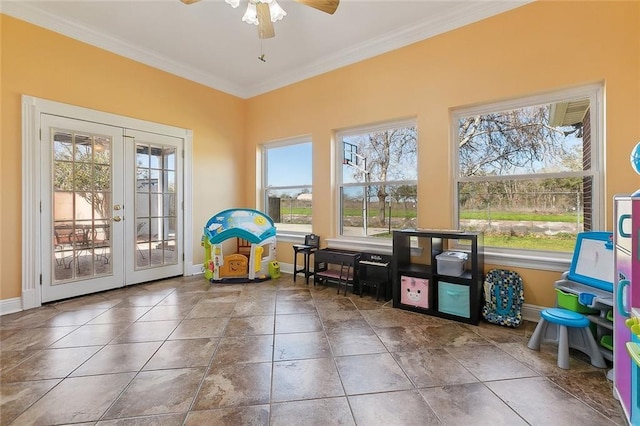 recreation room featuring french doors, baseboards, and ornamental molding