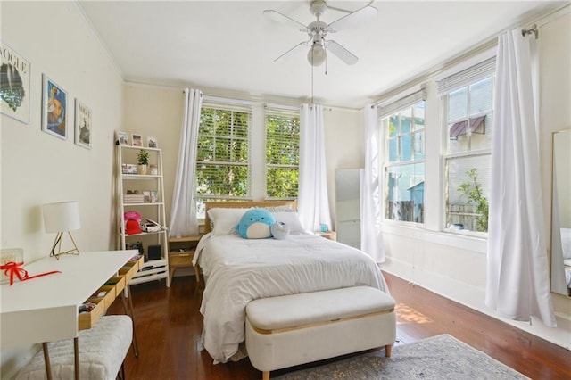 bedroom featuring dark wood-type flooring, a ceiling fan, and ornamental molding