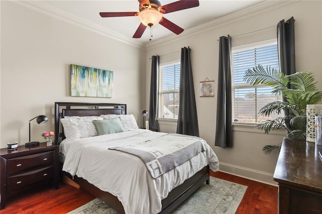 bedroom featuring a ceiling fan, baseboards, dark wood-style flooring, and ornamental molding