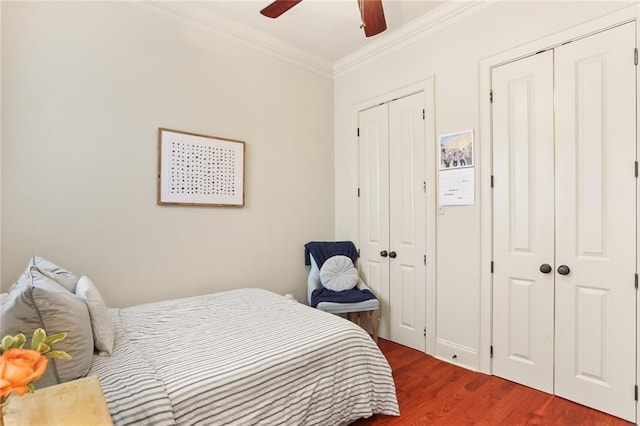 bedroom with ceiling fan, wood finished floors, two closets, and ornamental molding