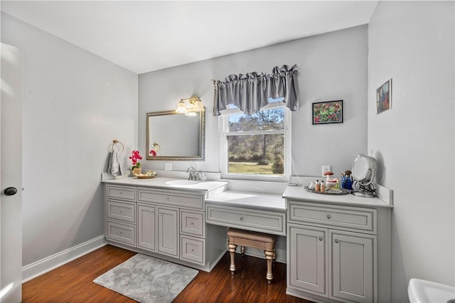 bathroom featuring baseboards, wood finished floors, and vanity