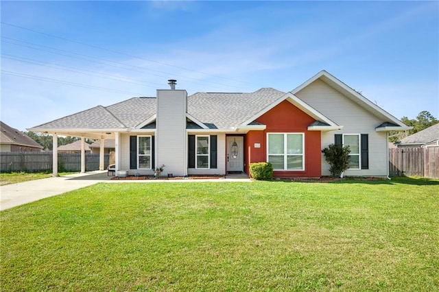 ranch-style house featuring fence, driveway, a chimney, a carport, and a front lawn