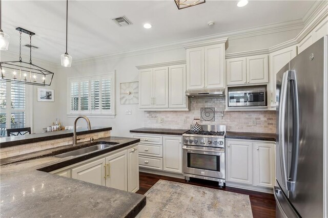 kitchen featuring visible vents, crown molding, under cabinet range hood, appliances with stainless steel finishes, and a sink