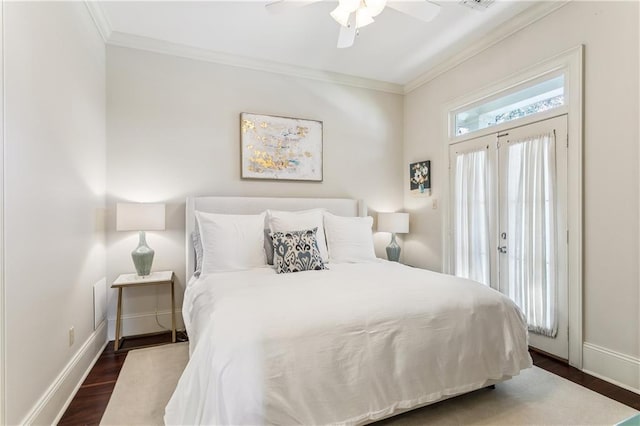 bedroom featuring crown molding, ceiling fan, dark wood-type flooring, baseboards, and access to outside