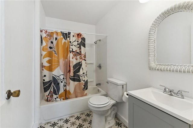 full bathroom featuring vanity, shower / tub combo, and toilet