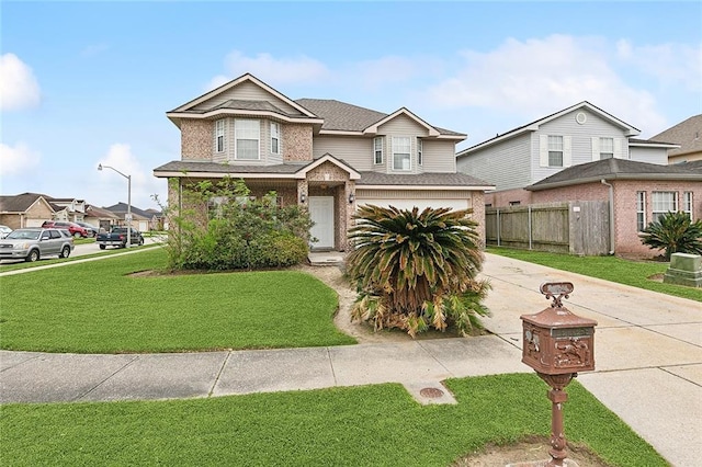 view of front of property featuring brick siding, concrete driveway, a front lawn, and fence