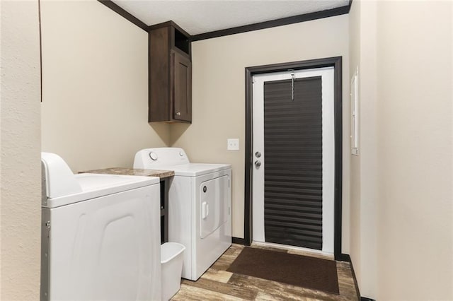 laundry room featuring cabinet space, light wood-style flooring, and separate washer and dryer