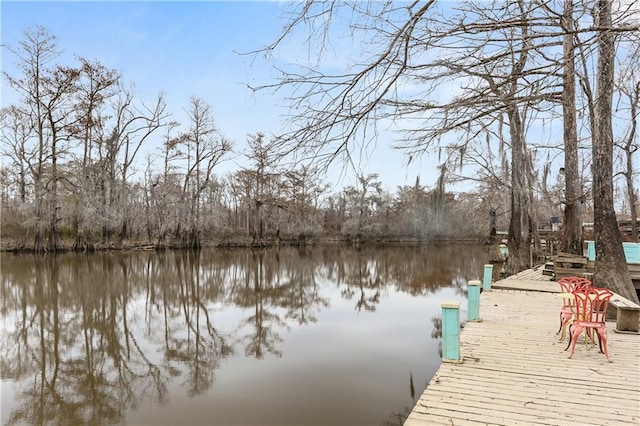 view of dock with a water view