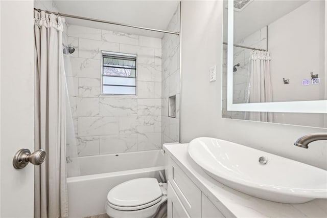 full bath with vanity, toilet, and shower / bathtub combination with curtain