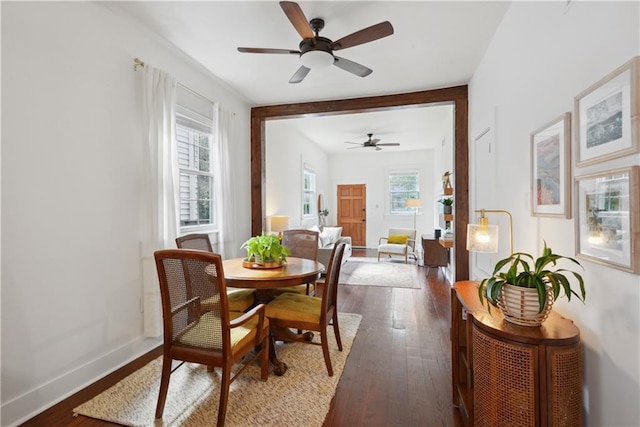 dining room featuring dark wood-style floors and baseboards