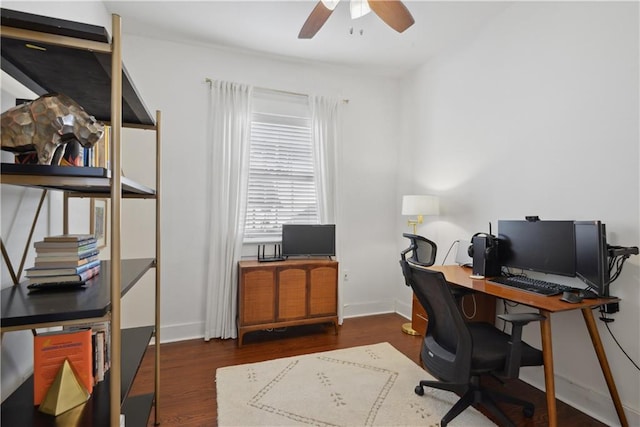 home office featuring a ceiling fan, wood finished floors, and baseboards