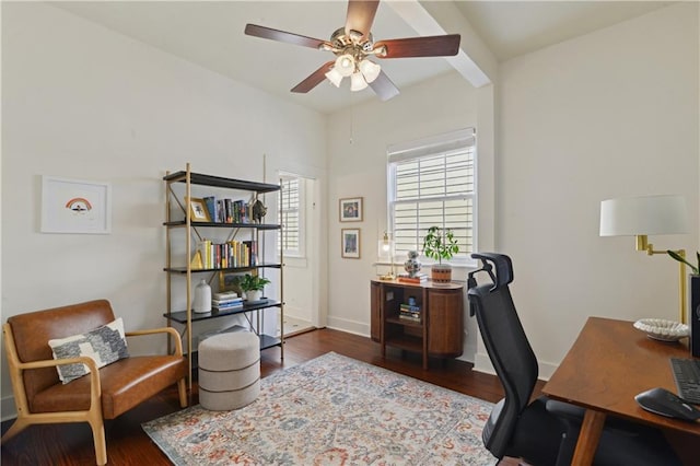 home office with baseboards, a ceiling fan, and wood finished floors