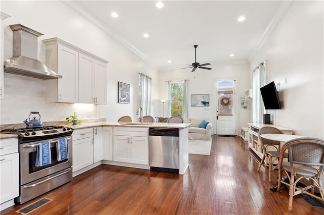 kitchen featuring a sink, stainless steel appliances, dark wood-type flooring, light countertops, and wall chimney exhaust hood