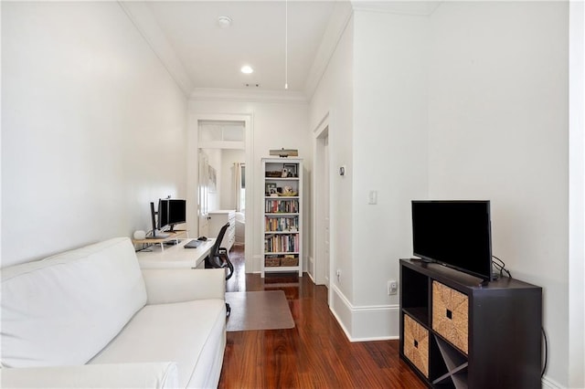 living room featuring baseboards, attic access, ornamental molding, recessed lighting, and dark wood-style flooring