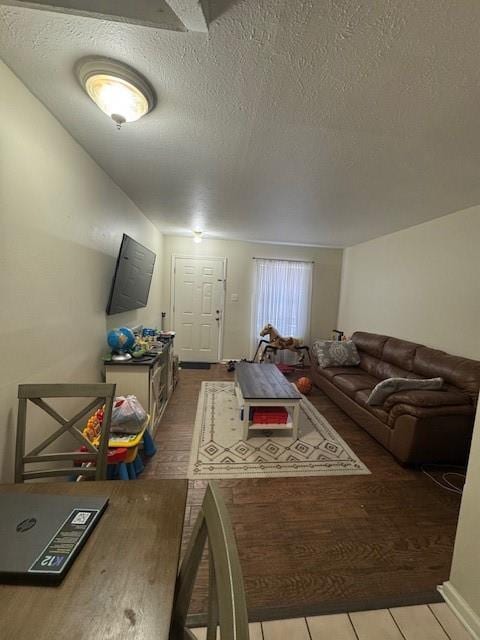 living area featuring a textured ceiling and wood finished floors