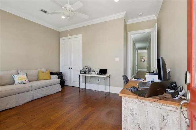 office area with visible vents, wood finished floors, a ceiling fan, and ornamental molding