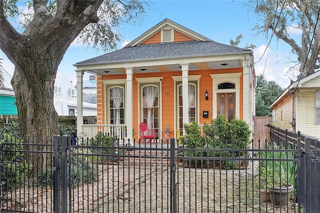 shotgun-style home with a fenced front yard, covered porch, a shingled roof, and a gate