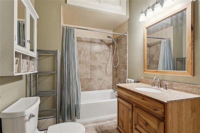 bathroom featuring vanity, toilet, tile patterned flooring, and shower / bath combination with curtain