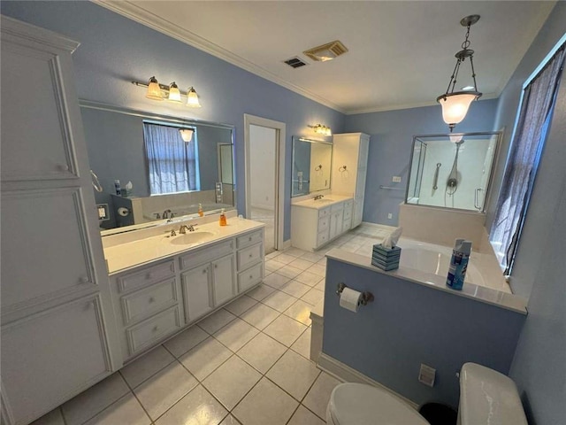 full bath featuring a bath, visible vents, tile patterned flooring, crown molding, and toilet