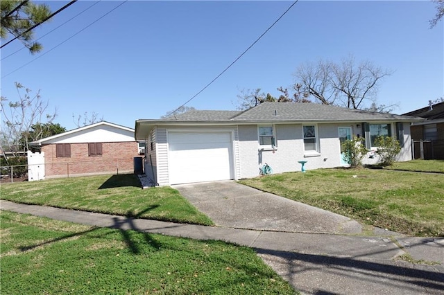 single story home with a garage, brick siding, concrete driveway, and a front yard