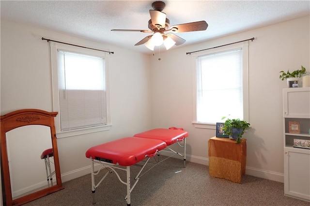 interior space with ceiling fan, a textured ceiling, baseboards, and carpet floors