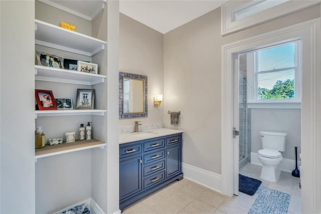 926 City Park Ave, New Orleans, LA 70119 - bathroom with tile patterned flooring, walk in shower, baseboards, toilet, and vanity