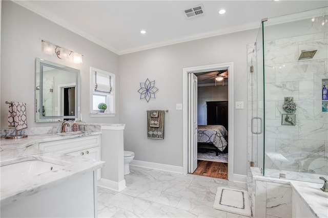 bathroom featuring a marble finish shower, visible vents, crown molding, baseboards, and marble finish floor