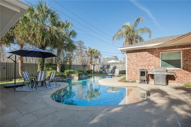 view of pool featuring a fenced in pool, a grill, a fenced backyard, and a patio area