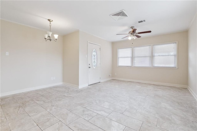 entrance foyer with ceiling fan with notable chandelier, crown molding, baseboards, and visible vents