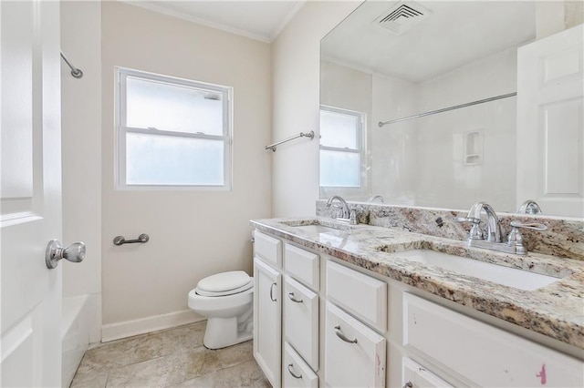 full bathroom featuring double vanity, toilet, visible vents, and a sink