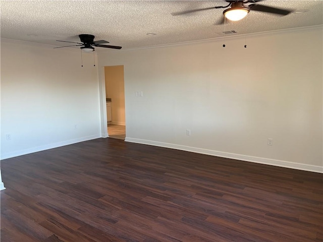 unfurnished room featuring a ceiling fan, ornamental molding, and dark wood-style flooring