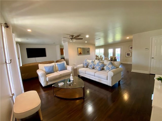 living area with recessed lighting, wood finished floors, baseboards, and ceiling fan