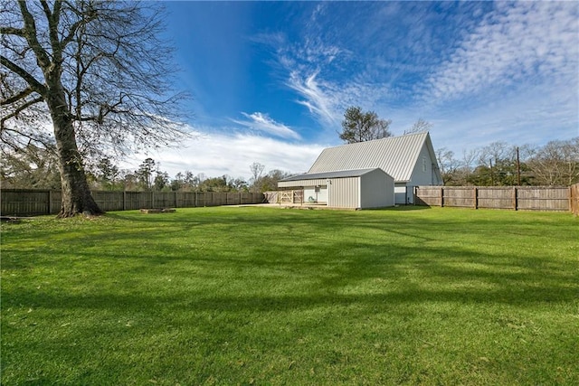 view of yard with an outbuilding and a fenced backyard