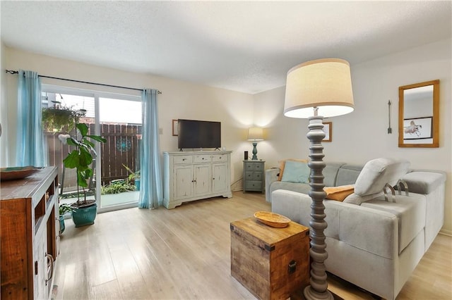 living area with a textured ceiling and light wood-style flooring