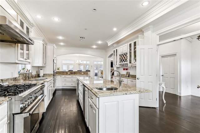 kitchen featuring exhaust hood, arched walkways, stainless steel appliances, and a sink