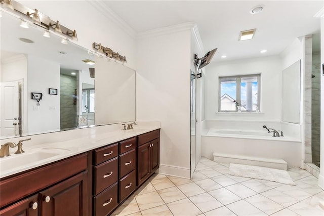 full bath with a bath, ornamental molding, walk in shower, and a sink