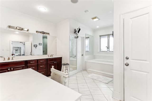 full bath featuring a garden tub, double vanity, a stall shower, and ornamental molding