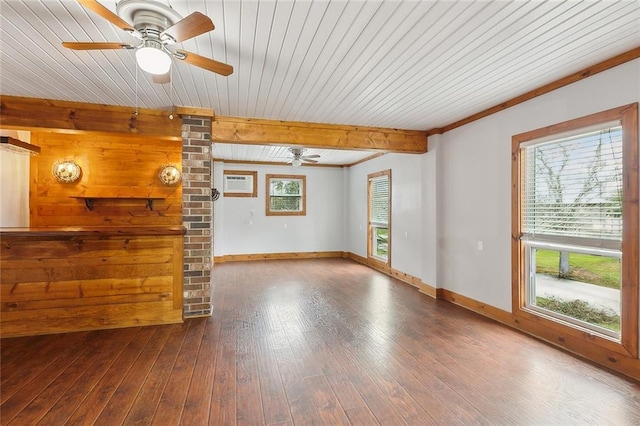 unfurnished living room with ceiling fan, baseboards, plenty of natural light, and hardwood / wood-style floors