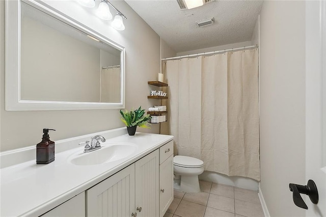 full bath featuring visible vents, toilet, a textured ceiling, tile patterned flooring, and vanity