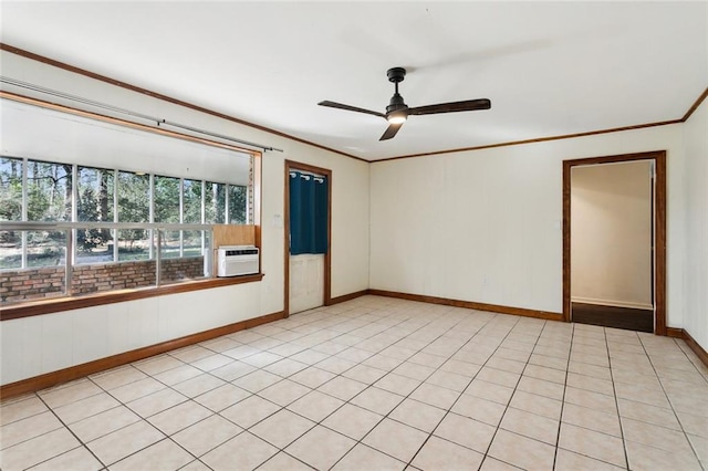 unfurnished room with crown molding, baseboards, ceiling fan, cooling unit, and light tile patterned flooring