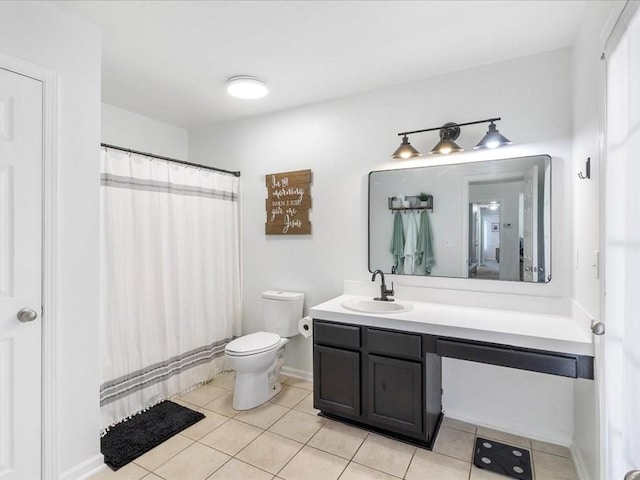 bathroom with tile patterned floors, toilet, a shower with shower curtain, and vanity