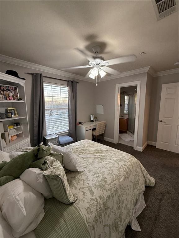 1500 Brightside Dr Unit D6, Baton Rouge, LA 70820 - bedroom featuring baseboards, visible vents, ceiling fan, ornamental molding, and dark colored carpet