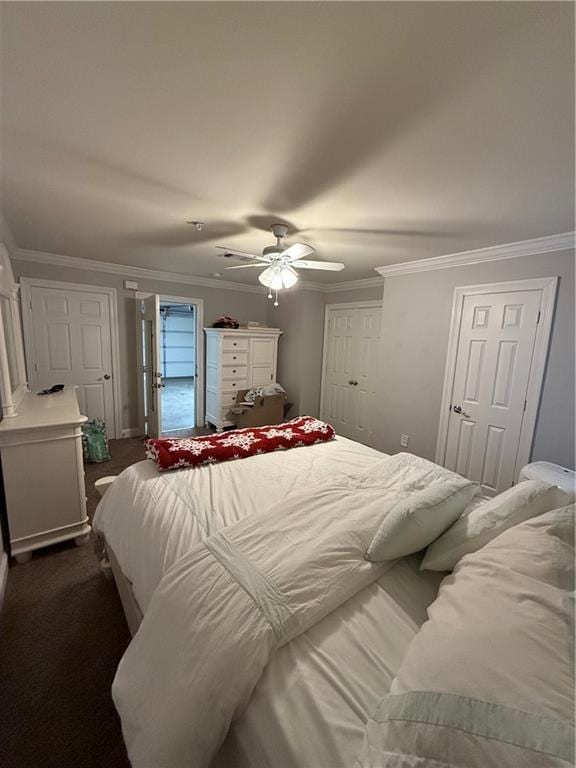 1500 Brightside Dr Unit D6, Baton Rouge, LA 70820 - bedroom featuring ceiling fan, dark colored carpet, and ornamental molding
