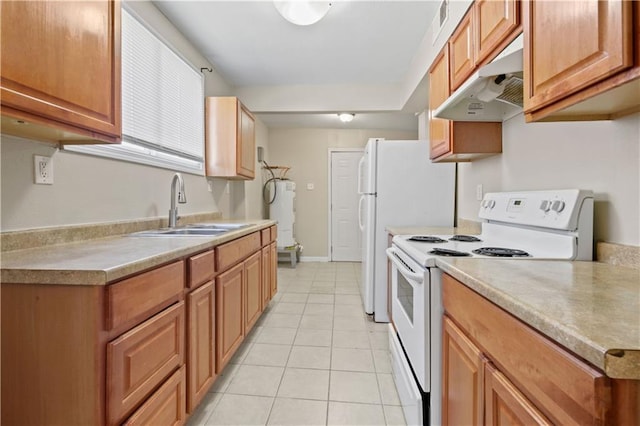 kitchen with under cabinet range hood, a sink, white range with electric stovetop, light countertops, and light tile patterned floors