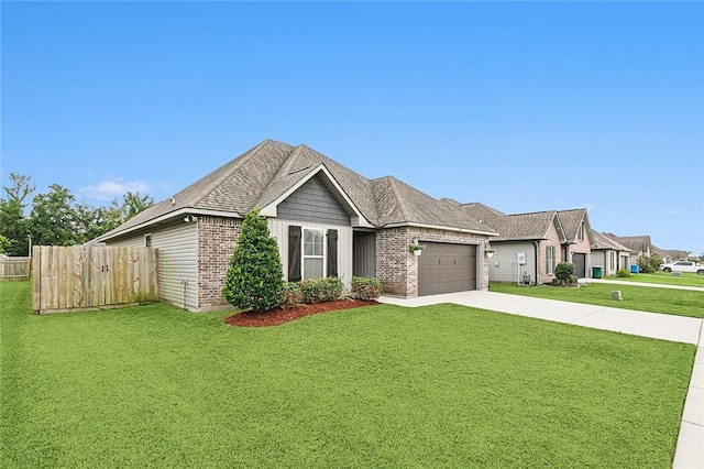 view of front of home featuring brick siding, an attached garage, concrete driveway, and a front yard