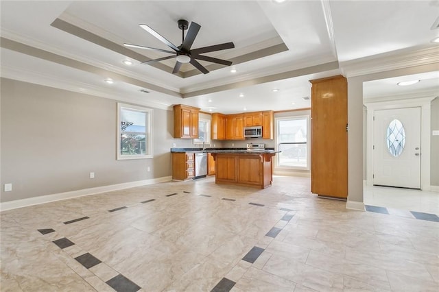 kitchen featuring a raised ceiling, baseboards, open floor plan, and appliances with stainless steel finishes