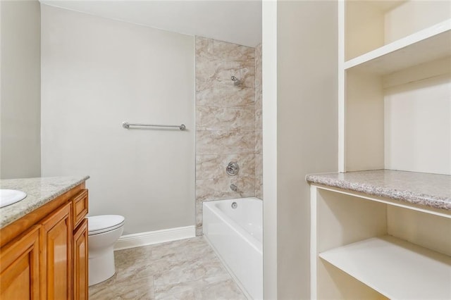 full bath featuring vanity, shower / bathing tub combination, toilet, and baseboards