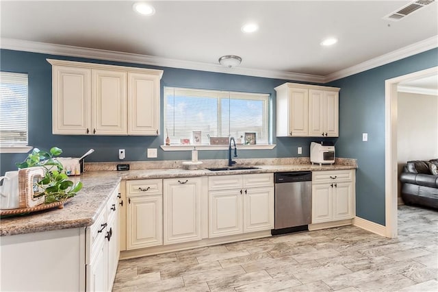 kitchen featuring visible vents, crown molding, wood finish floors, stainless steel dishwasher, and a sink